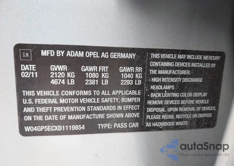 2011 Buick Regal Cxl из США, поврежденный, VIN W04GP5ECXB1119854